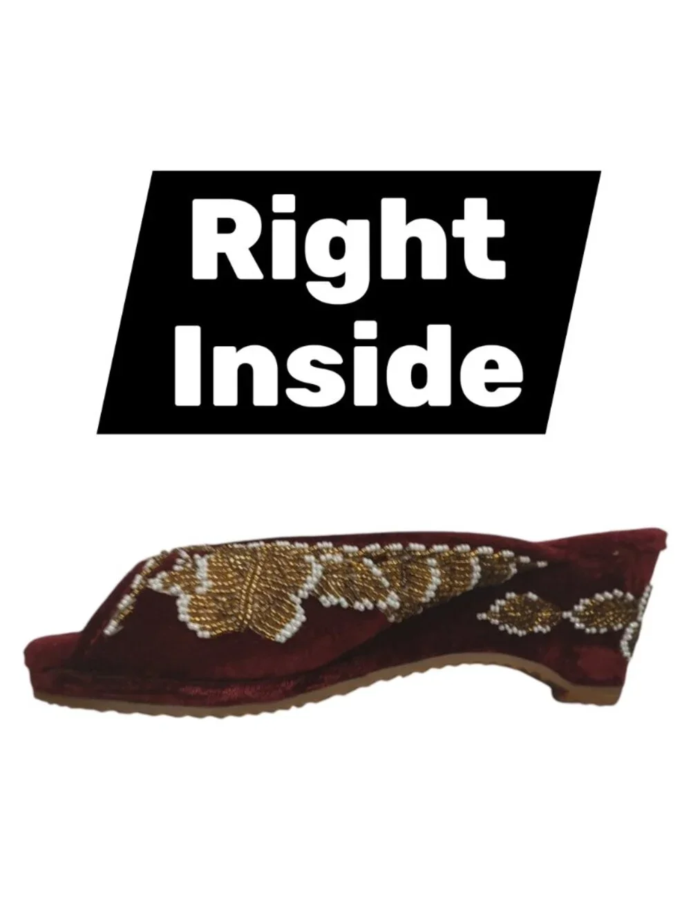 Retro/Vintage 70s Maroon Velvet Butterfly Beaded Gold White Wedge Slippers US 5
